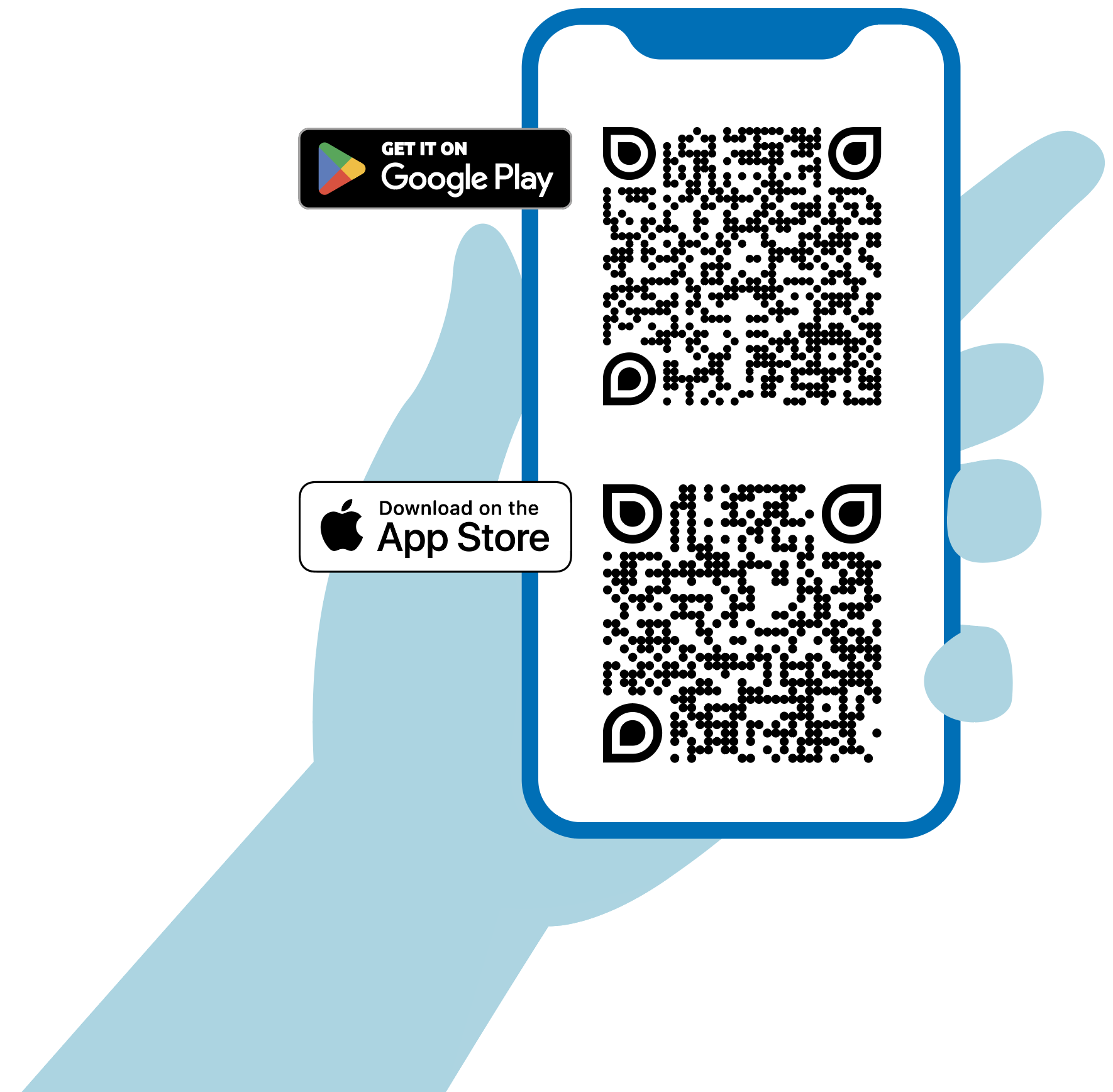 Hand holding a smartphone displaying the Eye on Water app, with Google Play and App Store download options and QR codes