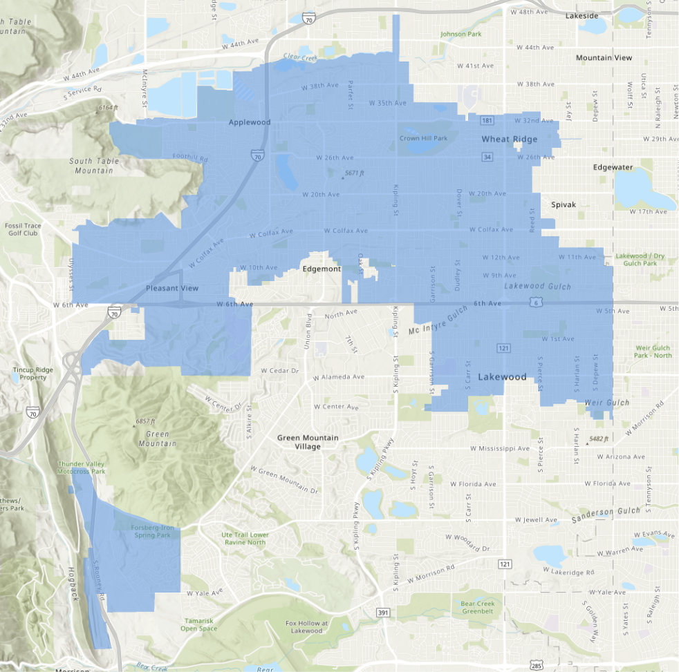 A map of our service area which includes about 24 square miles of territory, comprised of parts of Lakewood, Wheat Ridge and unincorporated portions of central Jefferson County, Colorado.
